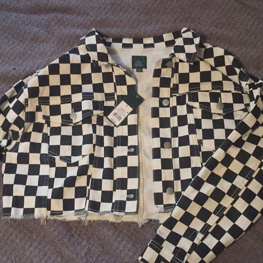 Black & White Checkerboard Denim Jacket, XL